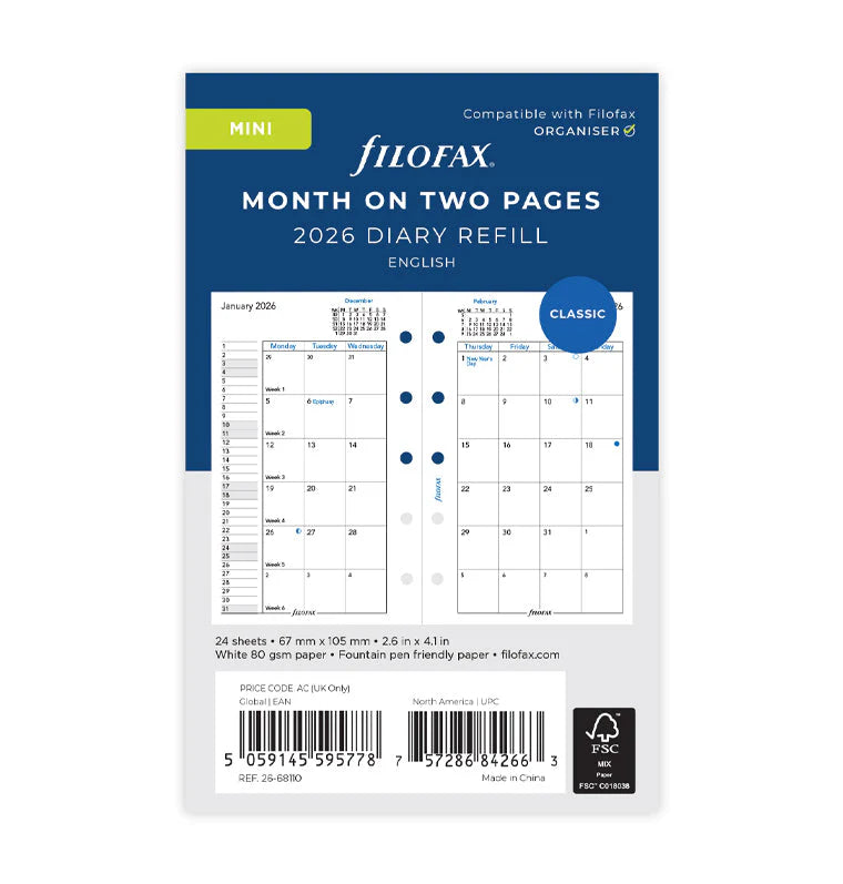 Filofax Mini English Vertical Planner 2026 – Leporello Mini Year Planner – Compact Agenda & Schedule Organizer