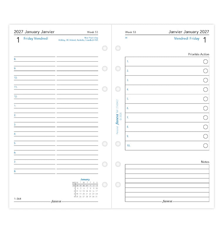 Filofax 2027 Personal One Day On Two Pages Diary - English/French