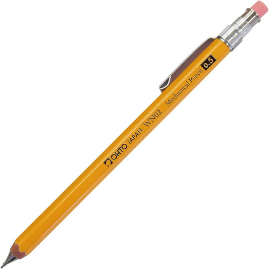 Ohto Wooden WN02 Mini Mechanical Pencil with Eraser & Clip - Yellow (.5mm)