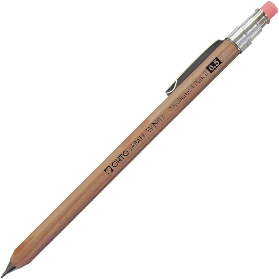 Ohto Wooden WN02 Mini Mechanical Pencil with Eraser & Clip - Natural (.5mm)