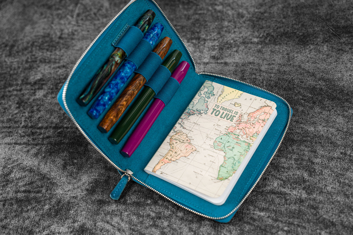 Galen Leather 5 Slot Zippered Pen Case - Crazy Horse Ocean Blue