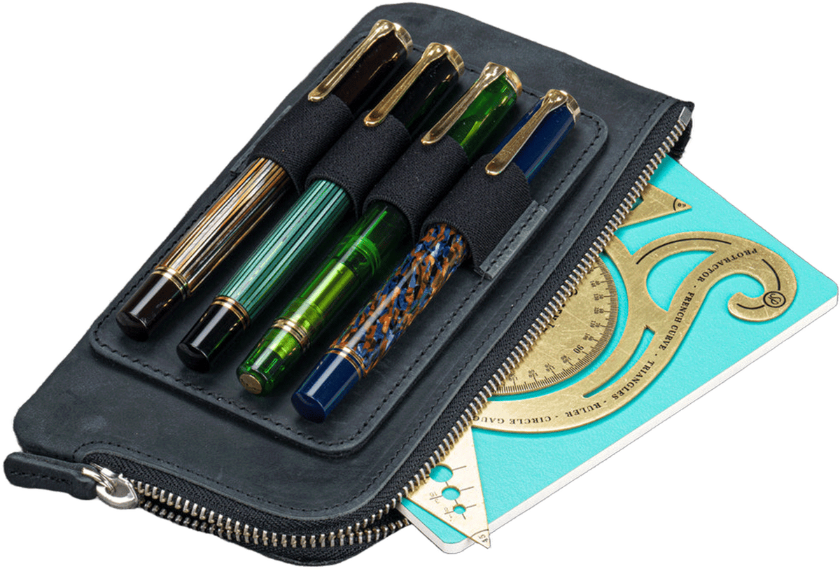 Galen Leather Zippered 4 Slots Slip-n-Zip Pen Pouch - Crazy Horse Graphite