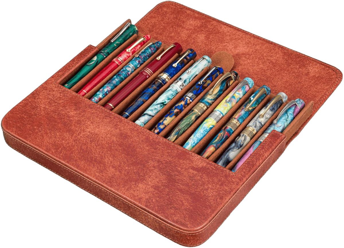 Galen Leather 12 Slots Magnum Opus Pen Case - Aged Copper (with Removable Pen Tray)
