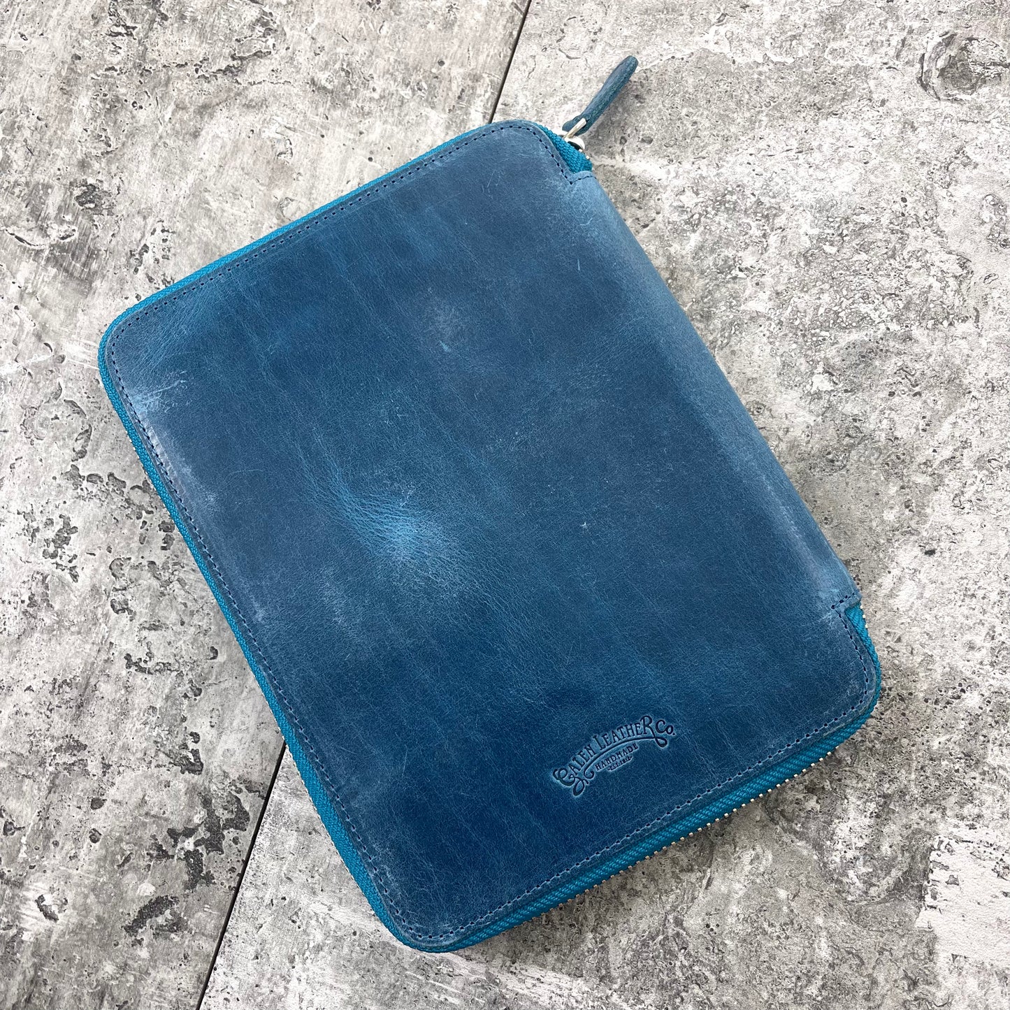 Galen Leather A5 Zippered Notebook Folio - Crazy Horse Ocean Blue
