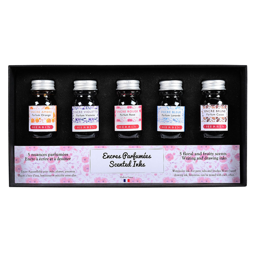 J. Herbin Scented Bottled Ink Set - Cacao, Lavender, Orange, Rose, Violet (10ml each)