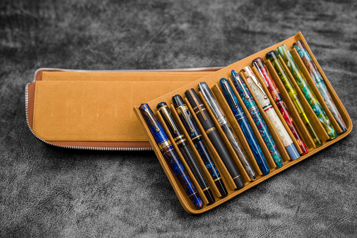 Galen Leather 12 Slot Zippered Magnum Opus Pen Case - Crazy Horse Brown (with Removable Pen Tray)