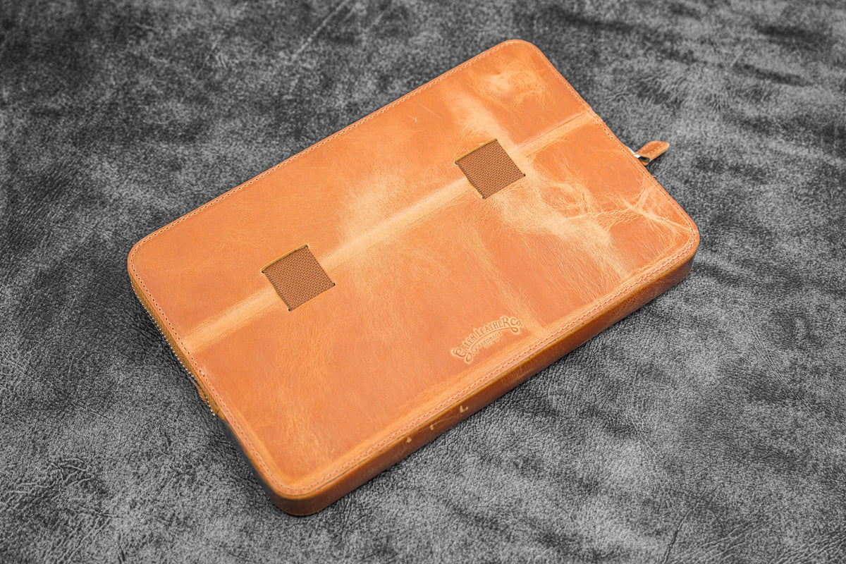 Galen Leather 12 Slot Zippered Magnum Opus Pen Case - Crazy Honey Ochre (with Removable Pen Tray)