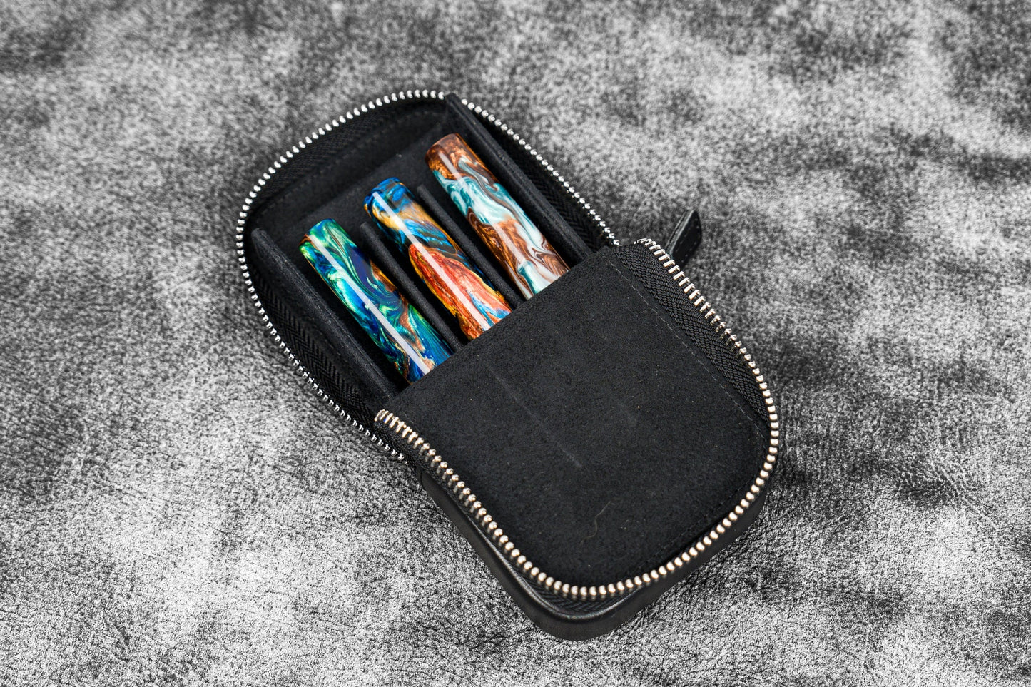 Galen Leather 3 Slot Zippered Magnum Opus Pen Case - Black (with Removable Pen Tray)