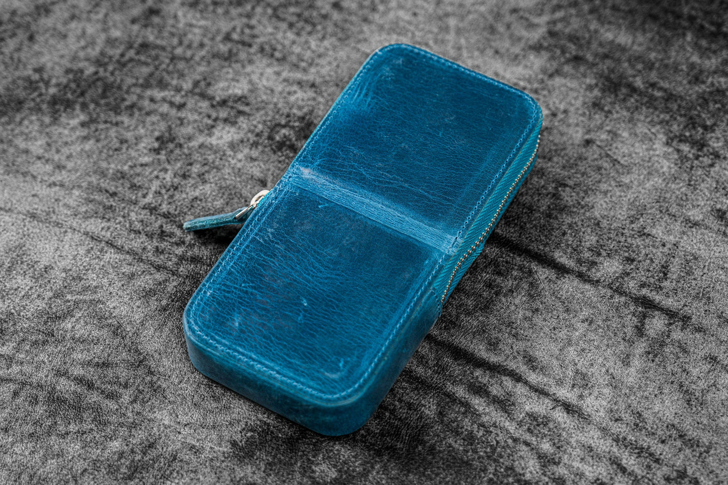 Galen Leather 3 Slot Zippered Magnum Opus Pen Case - Crazy Ocean Blue (with Removable Pen Tray)