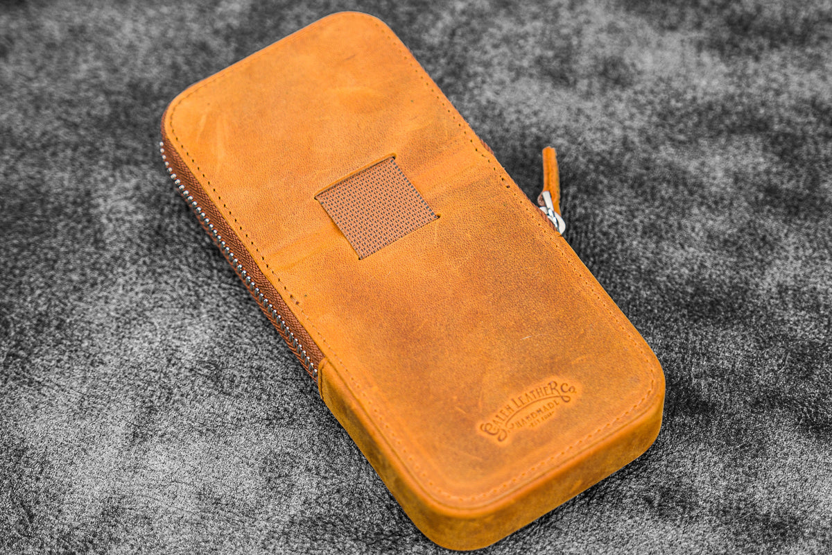 Galen Leather 3 Slot Zippered Magnum Opus Pen Case - Crazy Horse Brown (with Removable Pen Tray)
