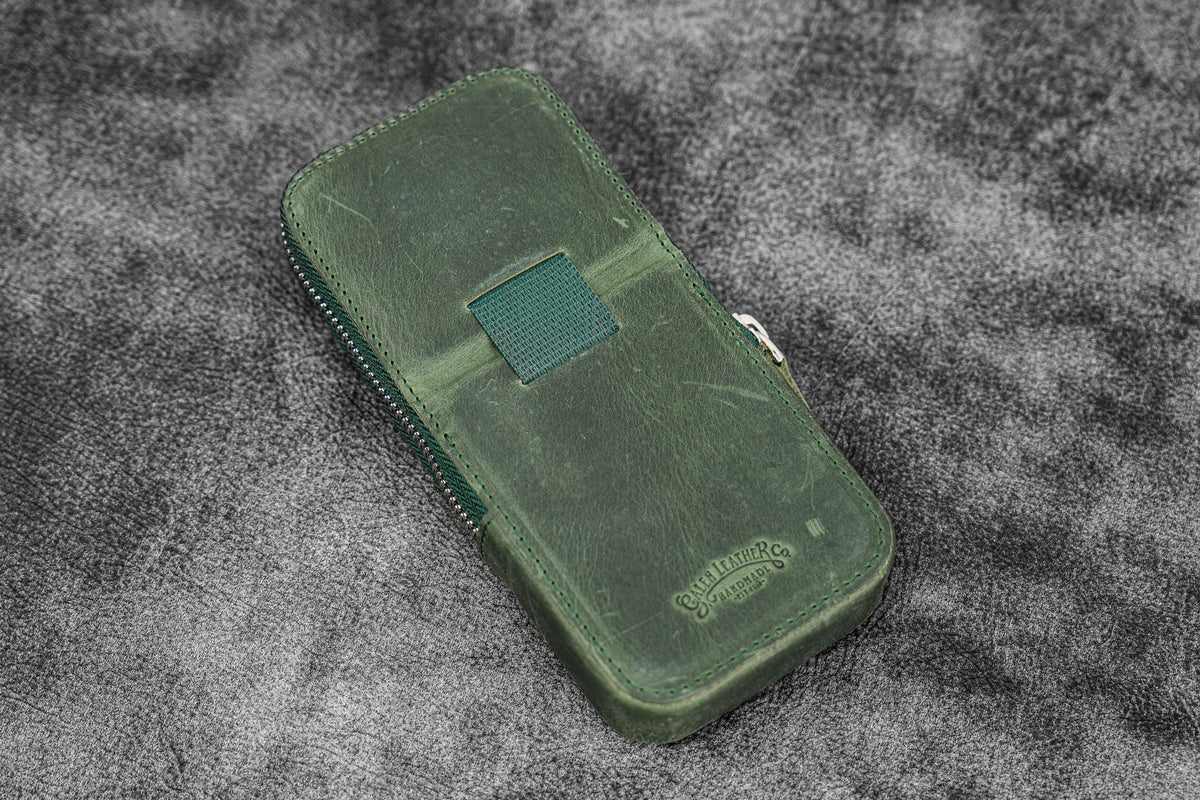 Galen Leather 3 Slot Zippered Magnum Opus Pen Case - Crazy Forest Green (with Removable Pen Tray)