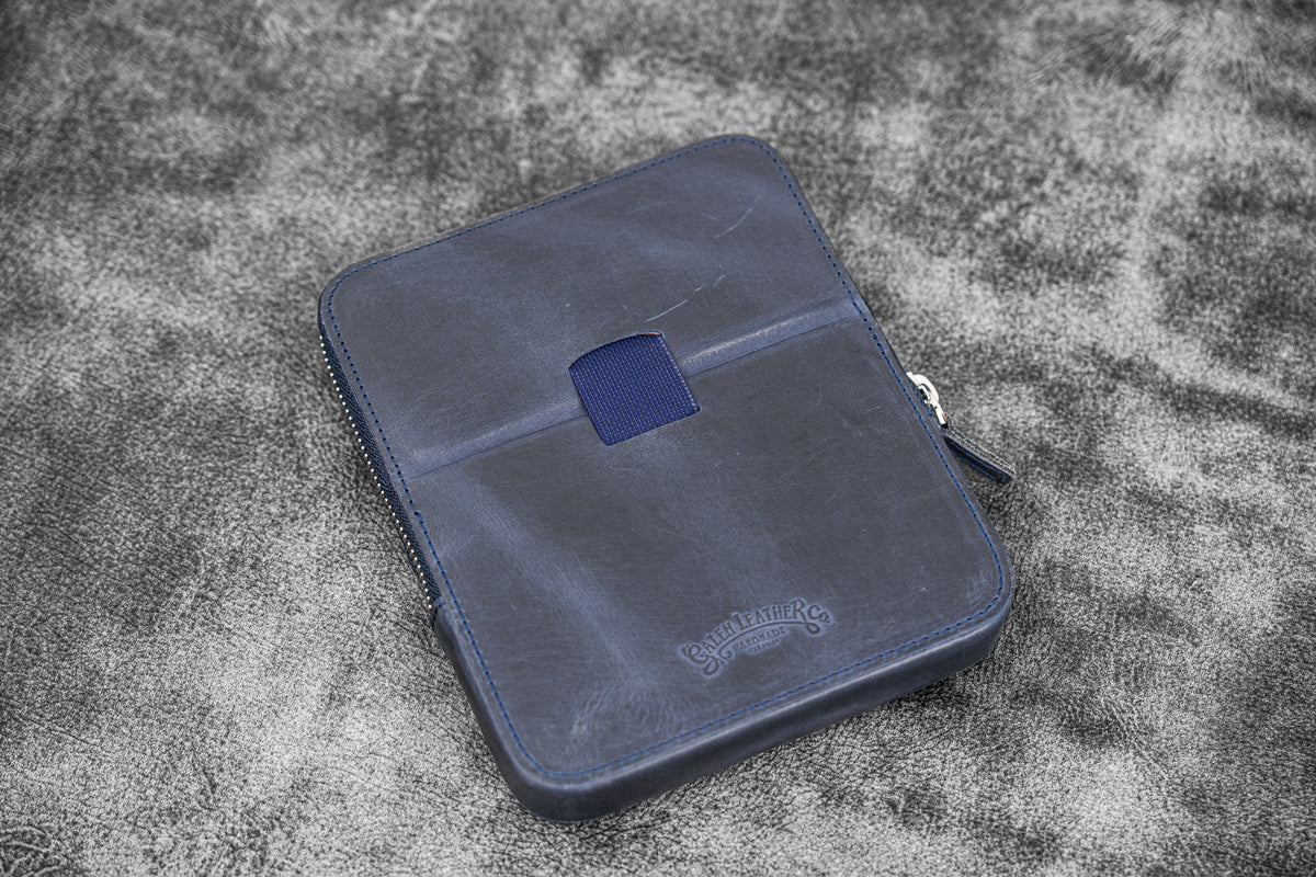 Galen Leather 6 Slot Zippered Magnum Opus Pen Case - Crazy Horse Navy Blue