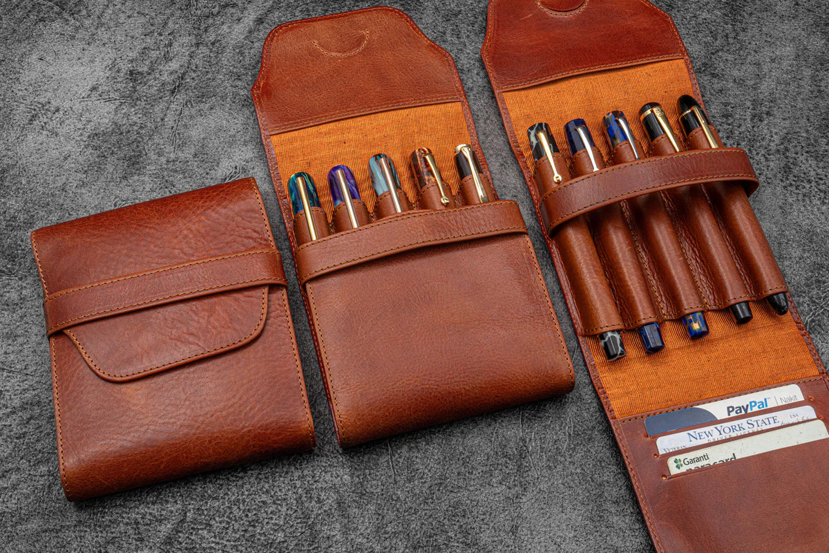 Galen Leather Legacy Collection 5 Slot TwinFlip Pen Case - Deep Cognac