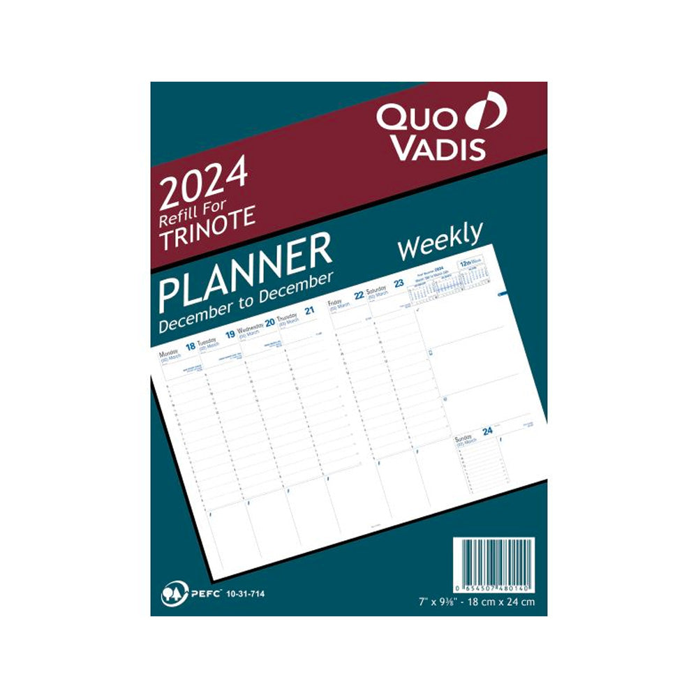 Quo Vadis 2024 Trinote Vertical Weekly Planner with Notes - Refill Onl