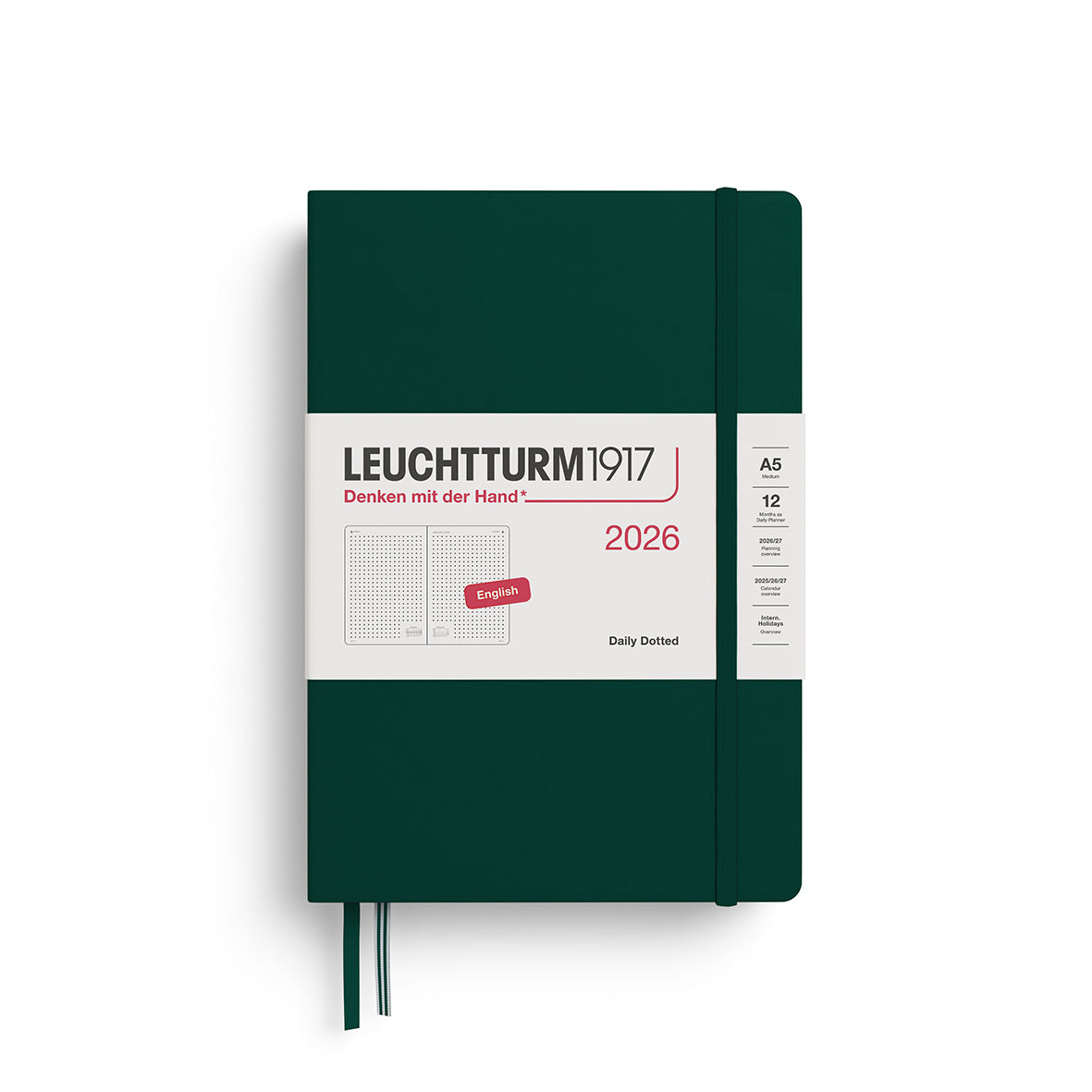 Leuchtturm1917 2026 A5 Medium Hardcover Dotted Daily Planner - Forest Green