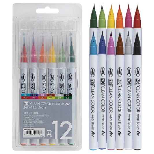 Kuretake Clean Color Real Brush Marker Color Set - Basic (Set of 12)