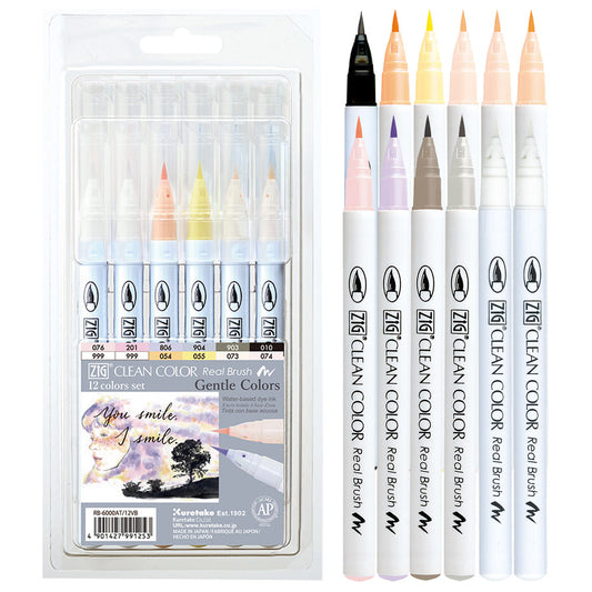 Kuretake Clean Color Real Brush Marker Color Set - Gentle (Set of 12)
