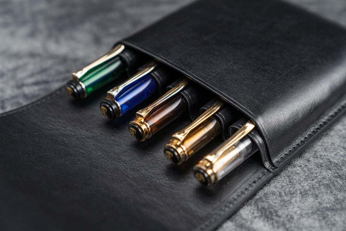 Galen Leather 5 Pen Flap Case - Black