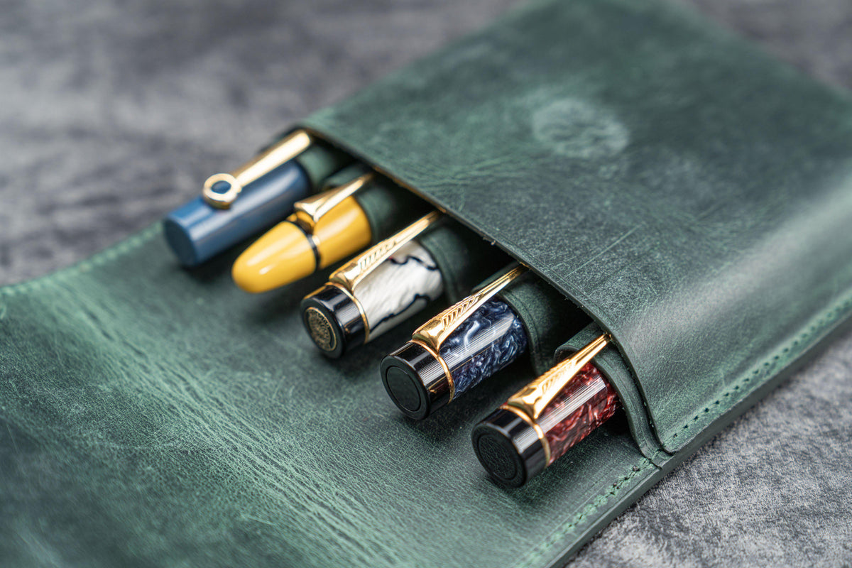 Galen Leather 5 Pen Flap Case - Crazy Horse Forest Green