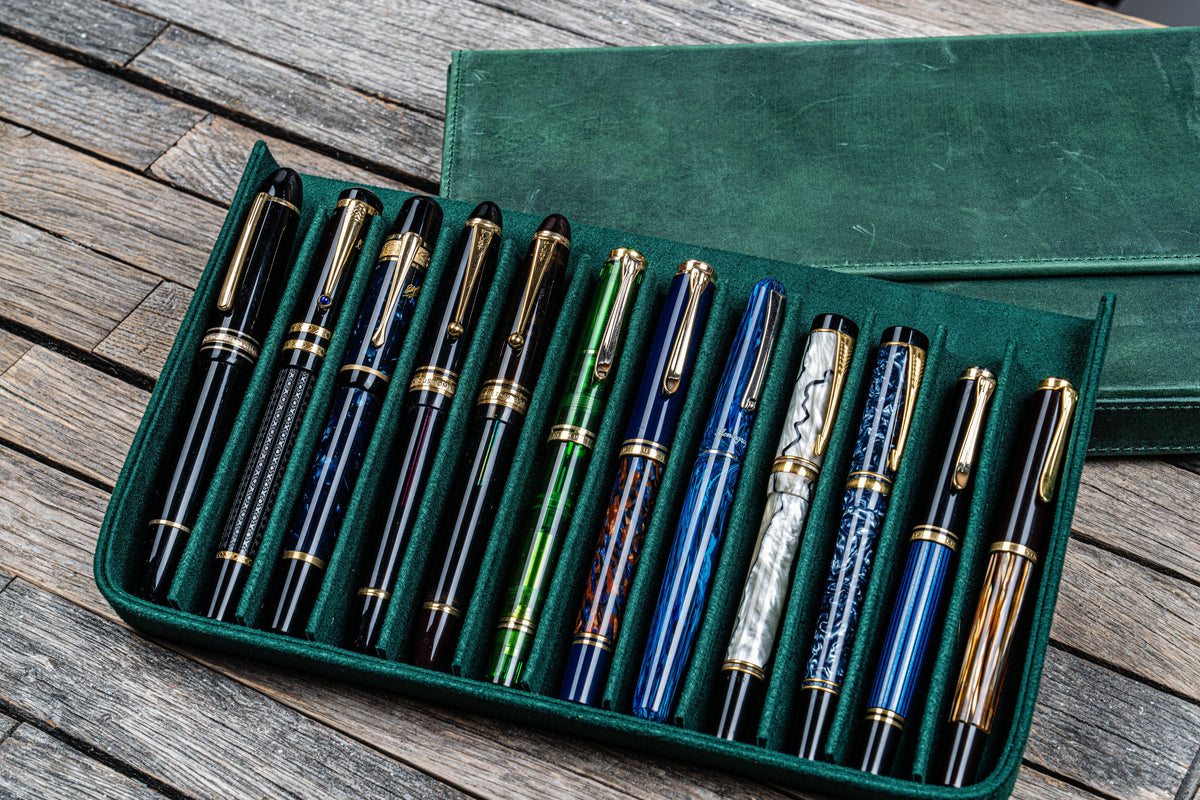 Galen Leather 12 Slot Magnum Opus Pen Case - Crazy Forest Green (with Removable Pen Tray)