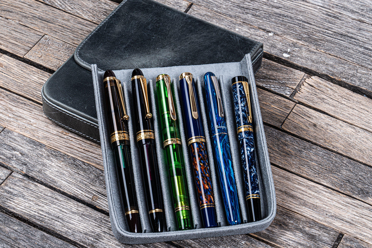 Galen Leather 6 Slot Magnum Opus Pen Case - Crazy Horse Smoky (with Removable Tray)
