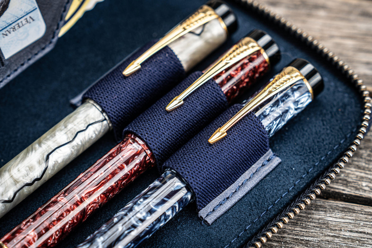 Galen Leather 3 Slot Zippered Pen Case - Crazy Horse Navy Blue