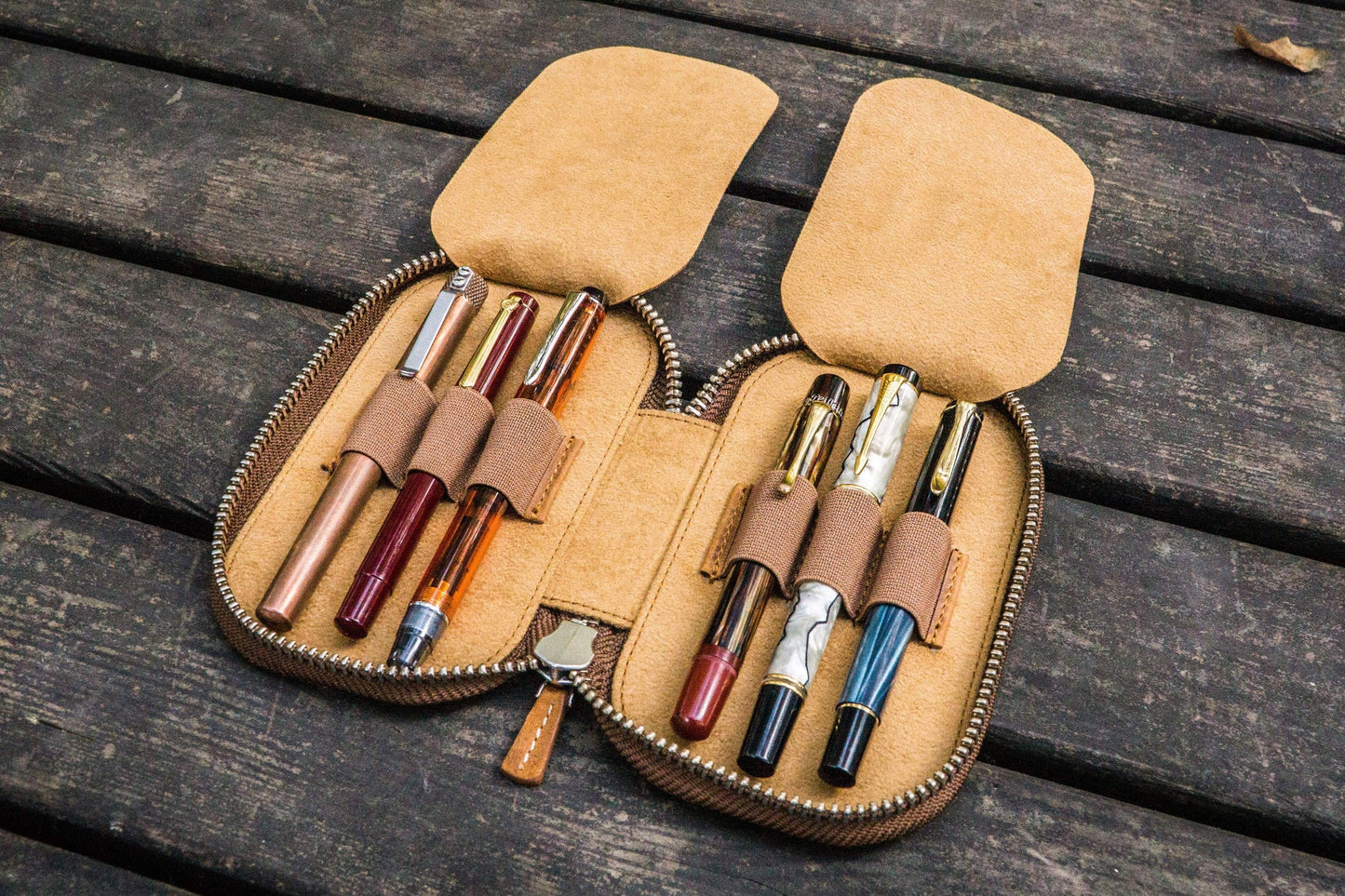Galen Leather 6 Slot Zippered Pen Case - Crazy Horse Tan