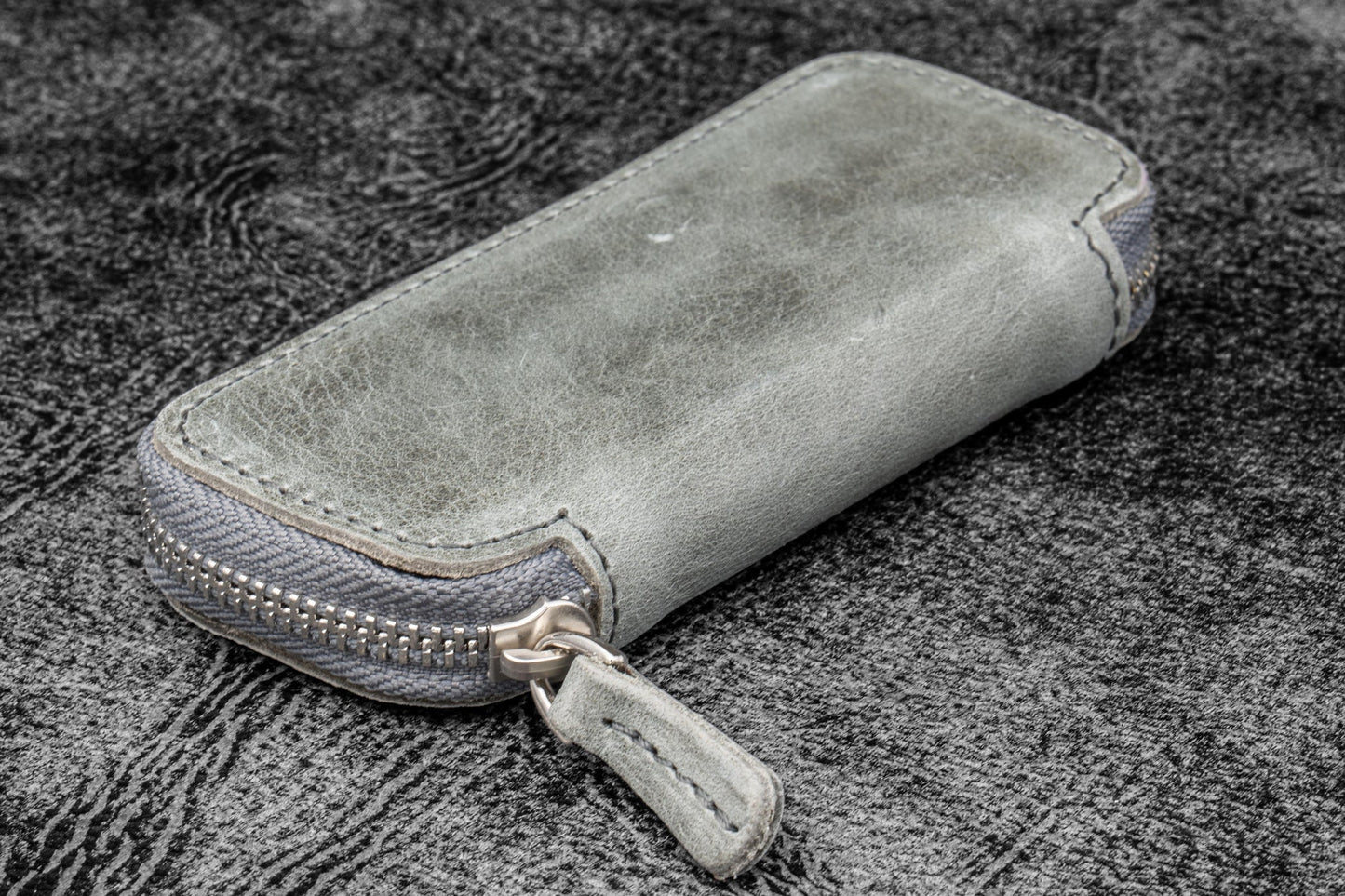 Galen Leather Double Zippered Pen Case for Kaweco Pocket Pen - Crazy Horse Smoky