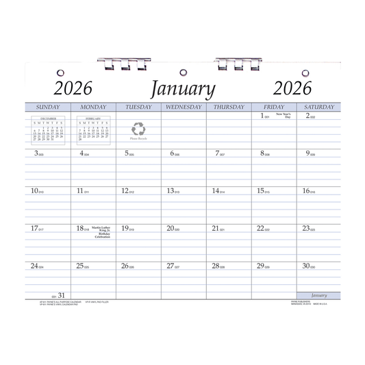 Payne 2026 3-Hole Punched Monthly Calendar (8.5 x 11)