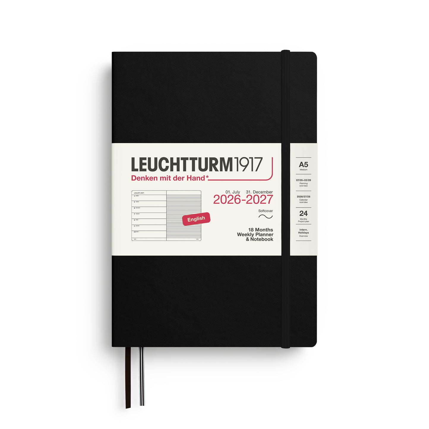 Leuchtturm1917 2027 A5 Medium Softcover 18-Month Weekly Planner & Notebook - Black
