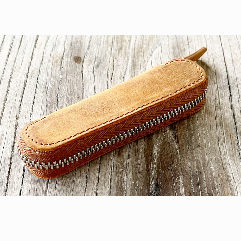 Galen Leather Single Zippered Pen Case for Kaweco Pocket Pen - Crazy Horse Brown