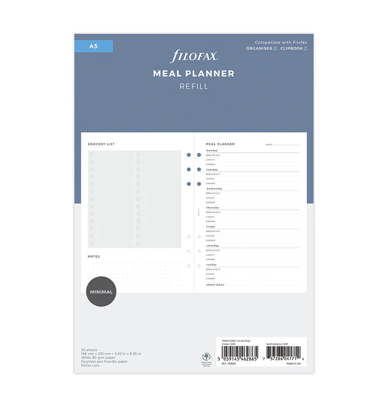 Filofax A5 Minimal 6-Ring Refill - Meal Planner (White)