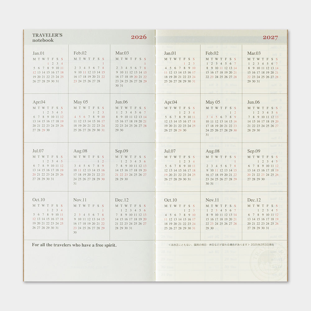 TRAVELER'S 2026 Regular Size Diary Insert - Weekly + Memo