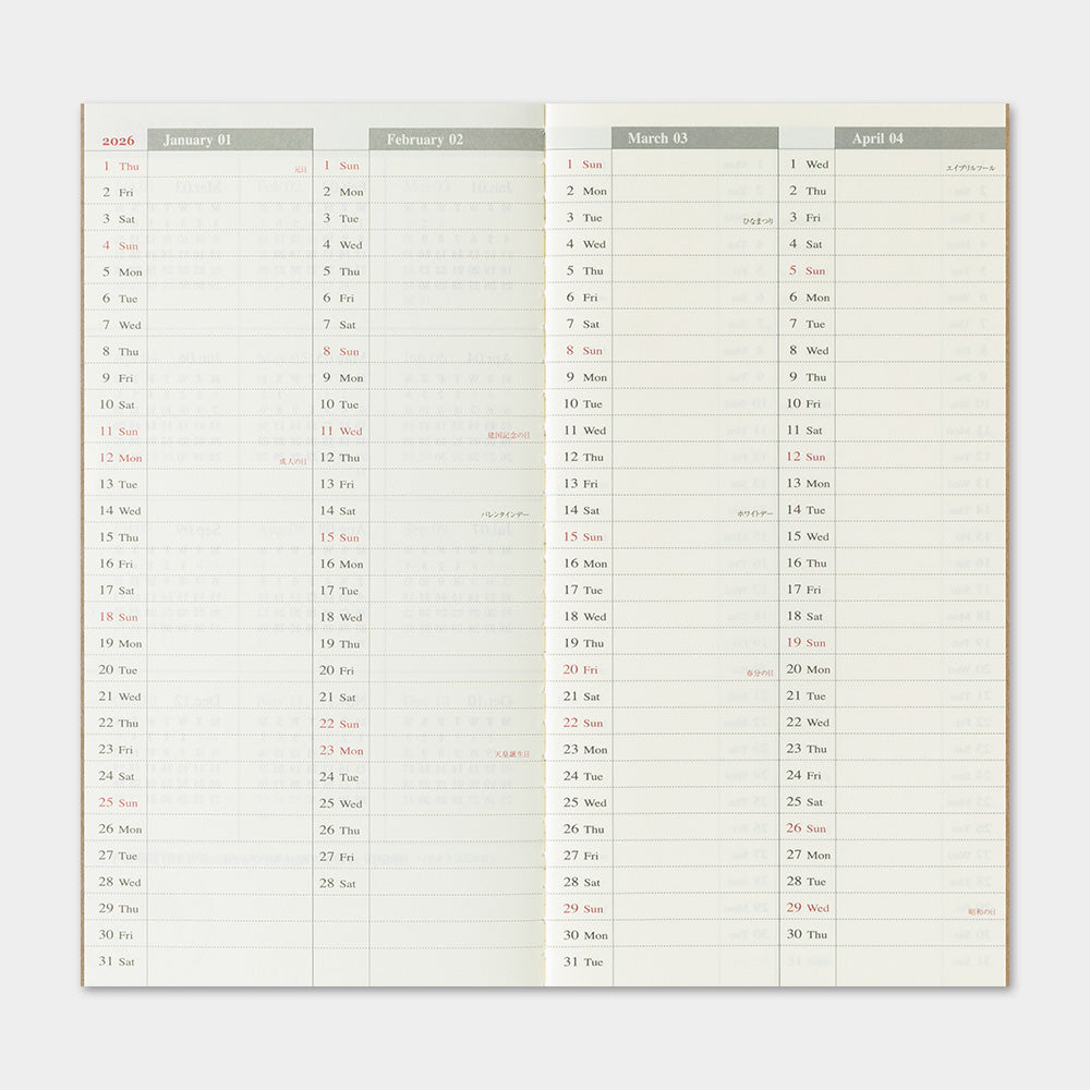 TRAVELER'S 2026 Regular Size Diary Insert - Weekly + Memo
