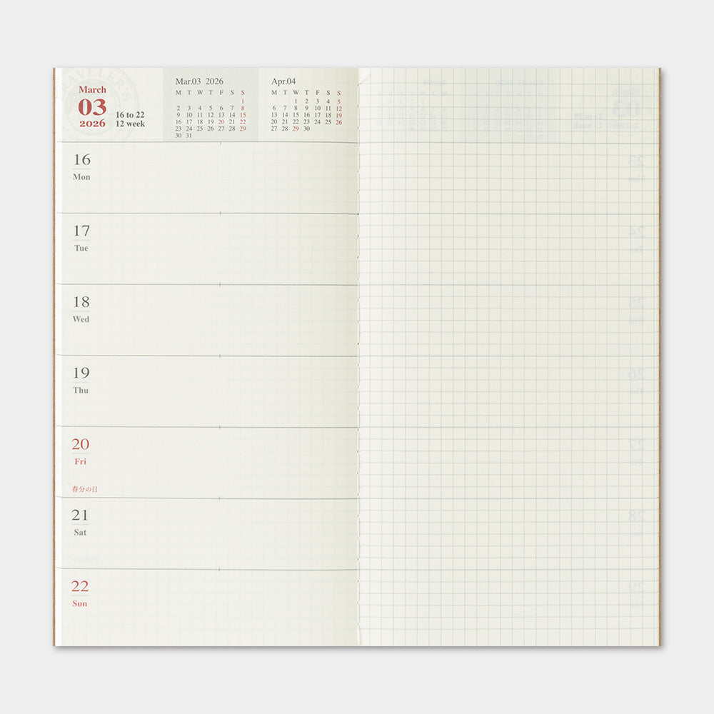 TRAVELER'S 2026 Regular Size Diary Insert - Weekly + Memo