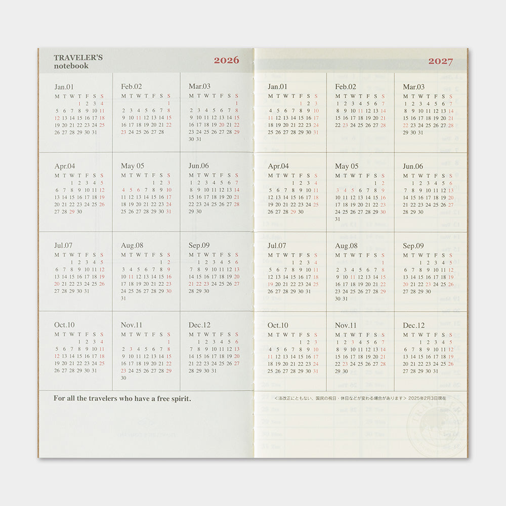 TRAVELER'S 2026 Regular Size Diary Insert - Weekly Vertical