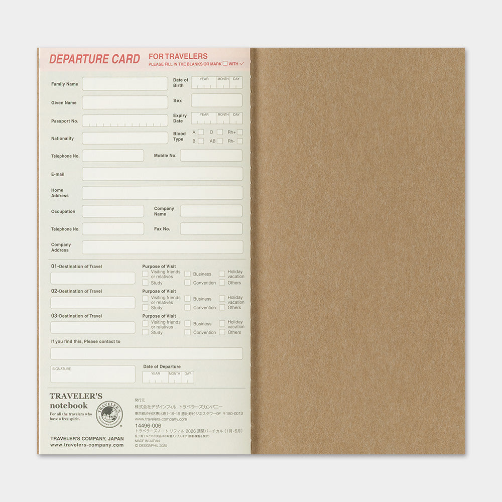 TRAVELER'S 2026 Regular Size Diary Insert - Weekly Vertical