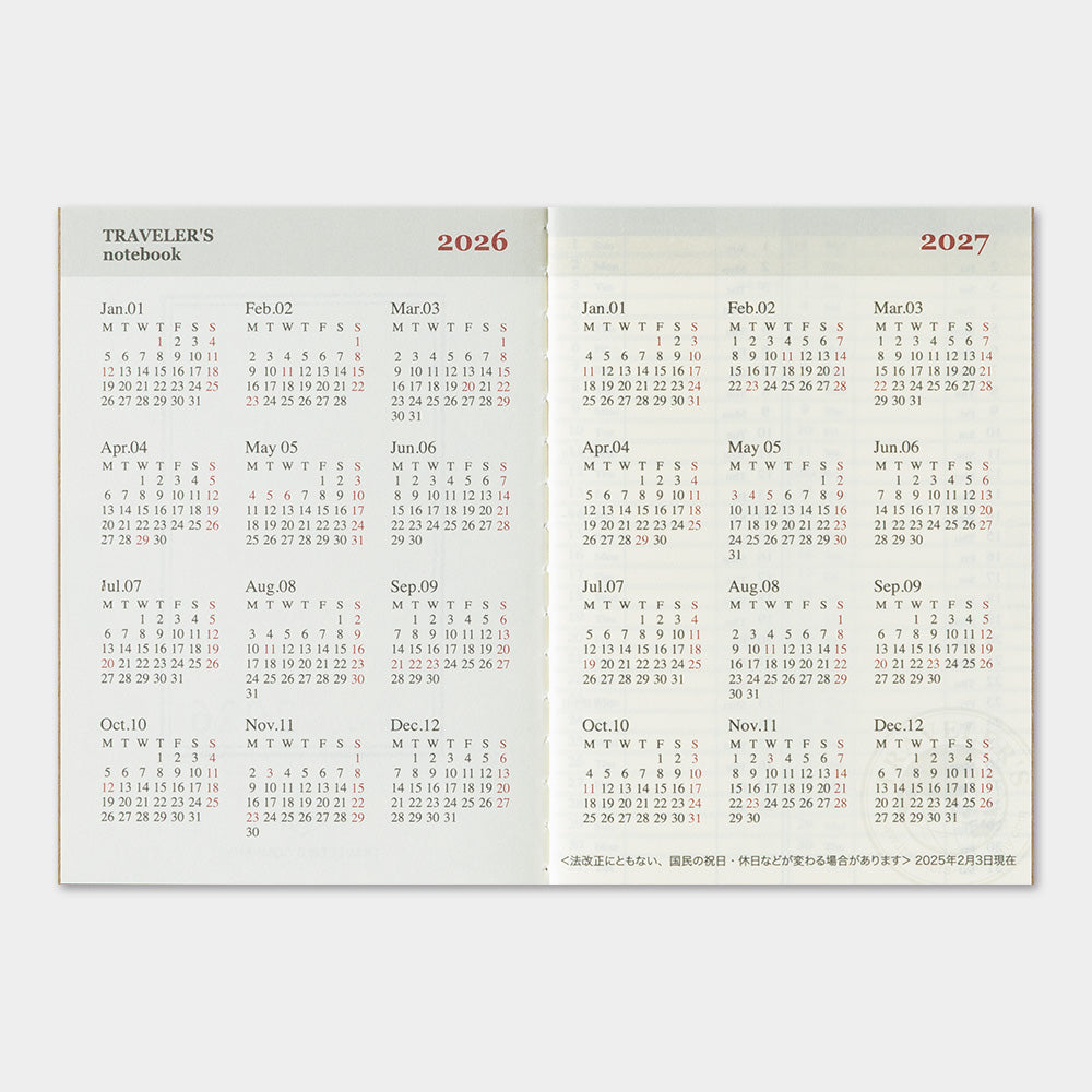 TRAVELER'S 2026 Passport Size Diary Insert - Weekly