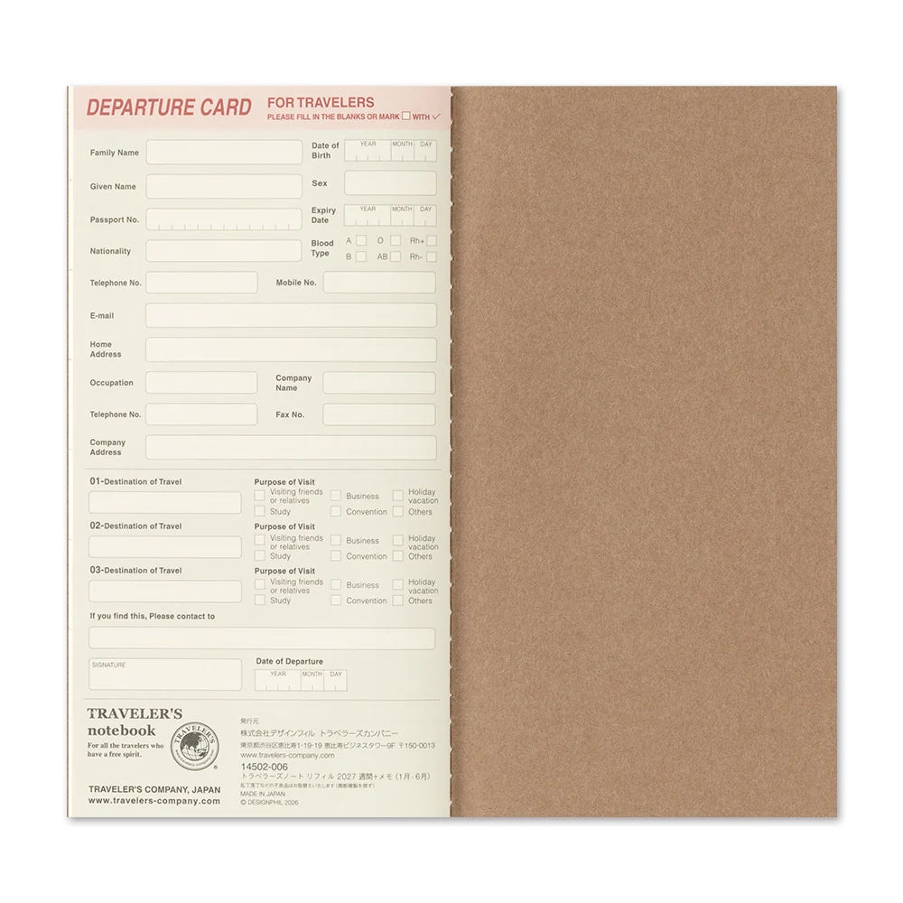 TRAVELER'S 2027 Regular Size Diary Insert - Weekly + Memo