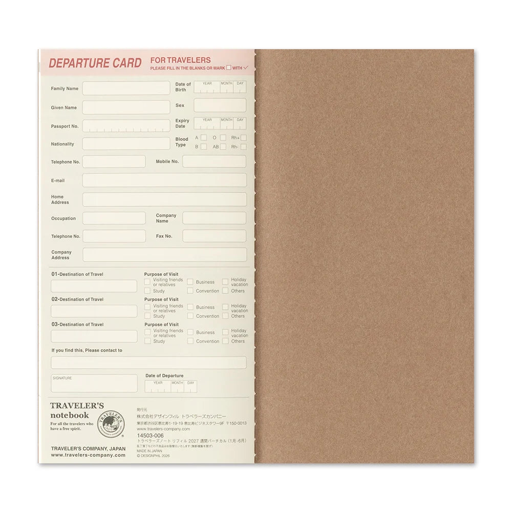 TRAVELER'S 2027 Regular Size Diary Insert - Weekly Vertical