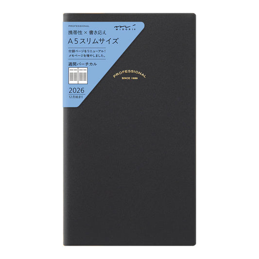 Midori 2026 Slim Professional PRD Weekly Diary - Black