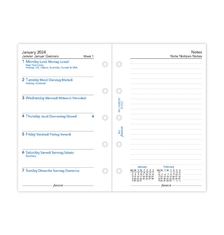 Filofax 2024 Mini Week On One Page with Notes Planner - Multi-language