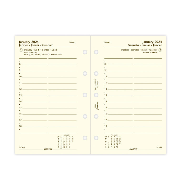 Filofax 2024 Mini One Day On A Page with Appointments Planner - Cotton Cream Multilanguage