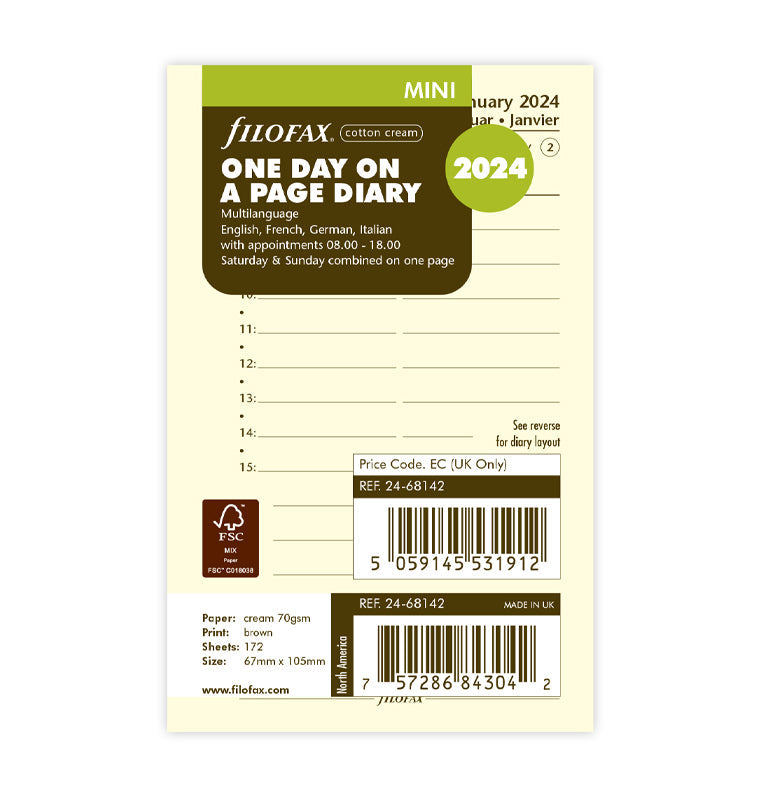 Filofax 2024 Mini One Day On A Page with Appointments Planner - Cotton Cream Multilanguage