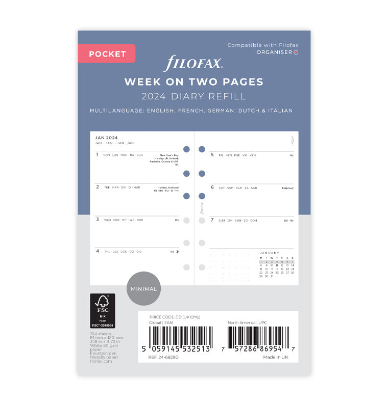 Filofax 2024 Pocket Minimal Week On Two Pages Planner