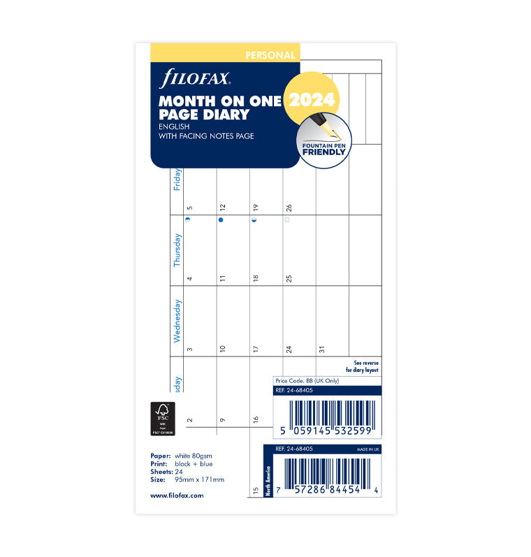 Filofax 2024 Personal Month on One Page with Notes Planner - Horizontal