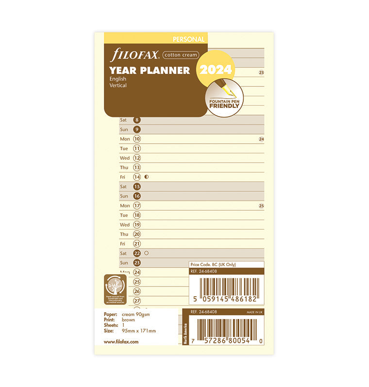 Filofax 2024 Personal Vertical Year Planner - Cotton Cream