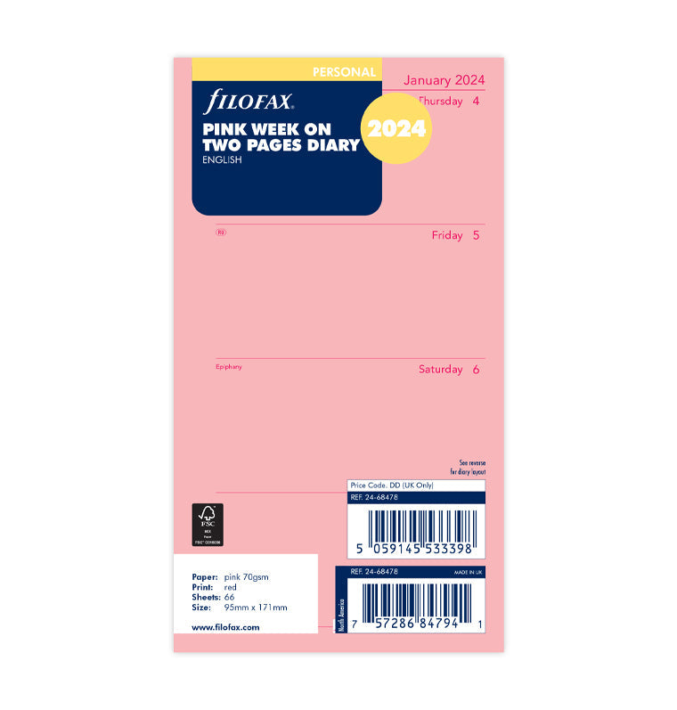 Filofax 2024 Personal Week on Two Pages Planner - Pink