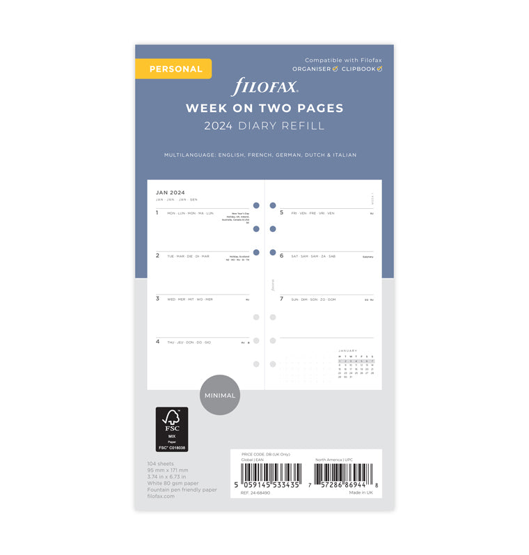 Filofax 2024 Personal Minimal Week On Two Pages Diary Planner