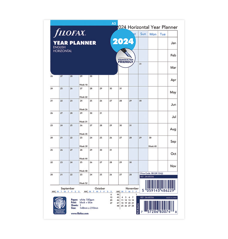 Filofax 2024 A5 Horizontal Year Planner - White